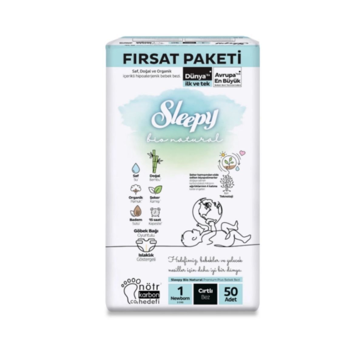 Sleepy Bio Natural Fırsat Paketi Cırtlı Bebek Bezi 1 (Yenidoğan) Beden-50 Adet