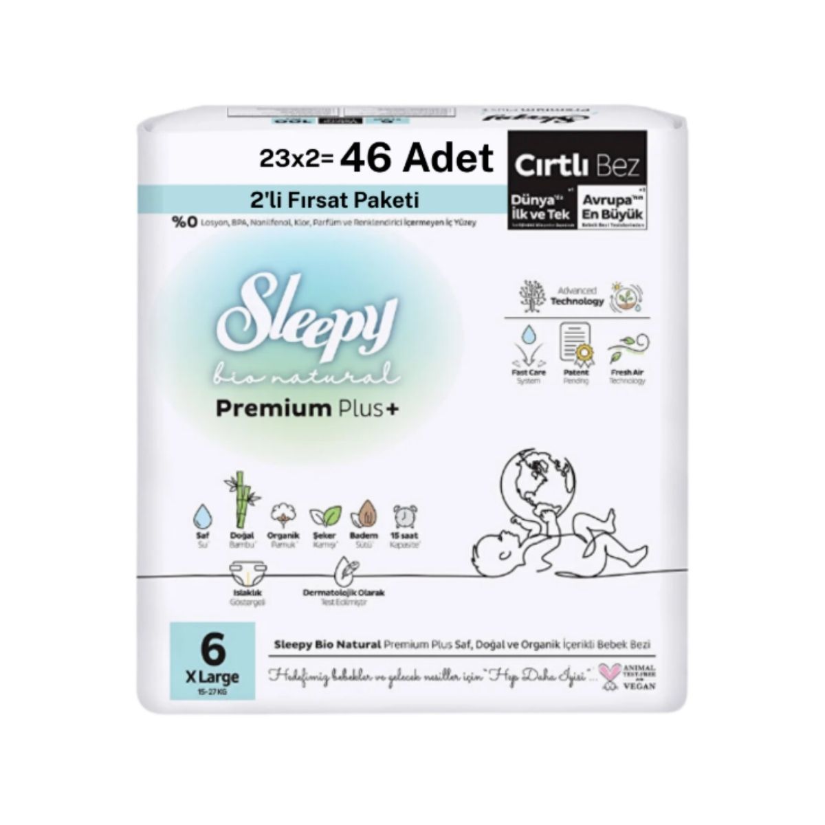 Sleepy Bio Natural 2'Li Fırsat Paketi Cırtlı Bebek Bezi 6 (XL) Beden-46 Adet