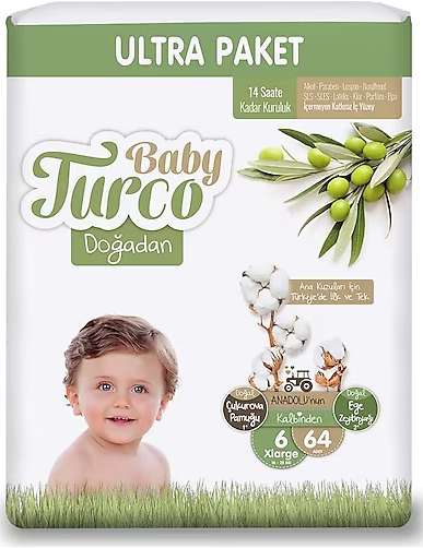 BabyTurco Doğadan Ultra Paket Cırtlı Bebek Bezi 6 (XL) Beden-64 Adet