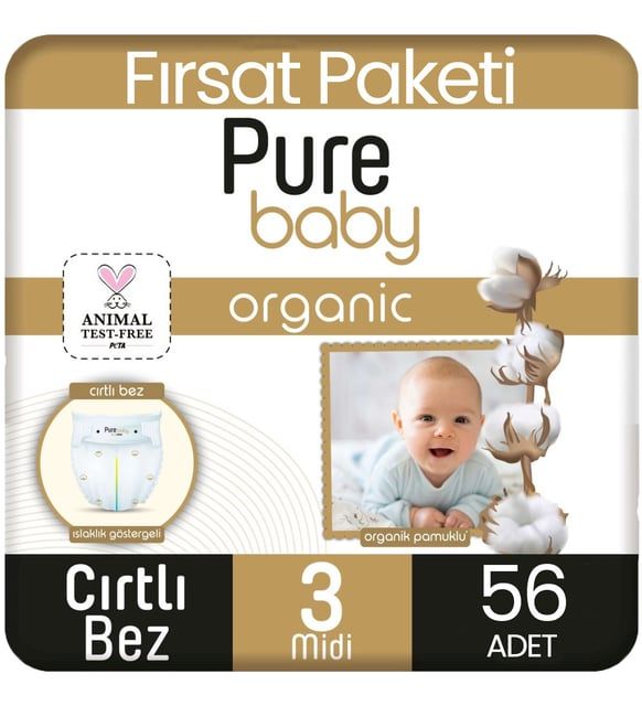 Pure Baby Organik Cırtlı Bebek Bezi 3 (Midi) Beden-56 Adet