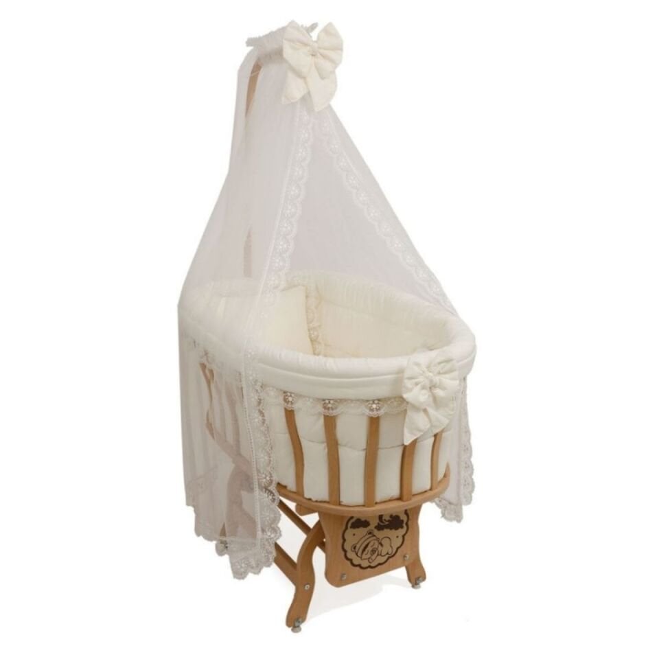 Bebekonfor Krem Fransız Dantelli Uyku Seti ile Doğal Ahşap Sepet Bebek Beşik DS-05