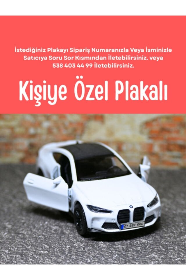 Bmw M4 Metal Oyuncak Araba - 1:36 Ölçek Özel Plakalı - Beyaz Bmw M4 Model Araba
