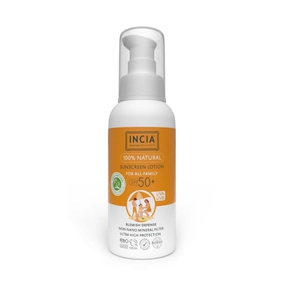 Incia ve Organik Tamanu Yağlı Güneş Losyonu Mineral Filtreli Tüm Aile İçin SPF50 100 ml
