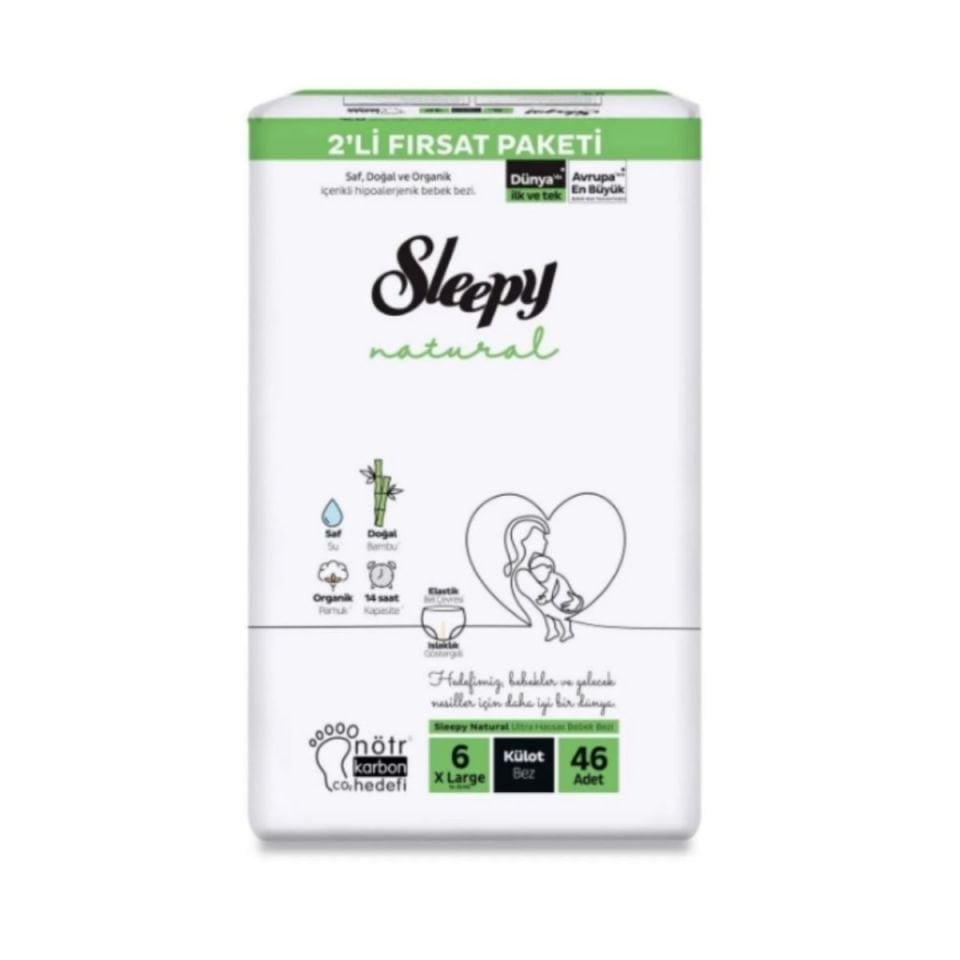 Sleepy Natural 2'li Fırsat Külot Bebek Bezi 6 (XL) Beden-46 Adet