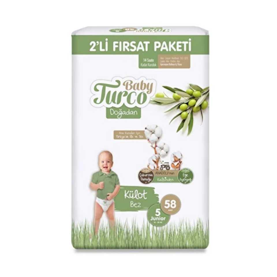 Babyturco Doğadan 2'li Fırsat Paketi Külot Bez 5 (Junıor) Beden-58 Adet