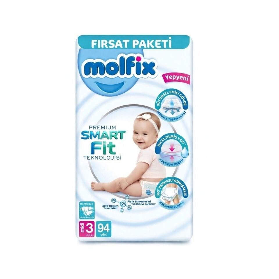 Molfix 3 Numara Midi Premium Ultra Fırsat Cırtlı Bebek Bezi 94 Adet
