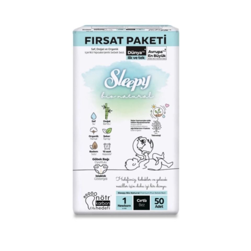 Sleepy Bio Natural Fırsat Paketi Cırtlı Bebek Bezi 1 (Yenidoğan) Beden-50 Adet