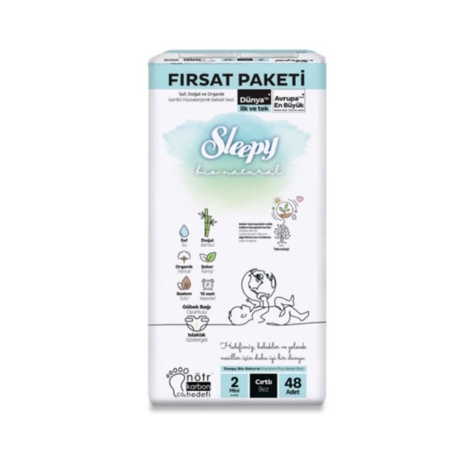 Sleepy Bio Natural Fırsat Paketi Cırtlı Bebek Bezi 2 (Mini) Beden-48 Adet