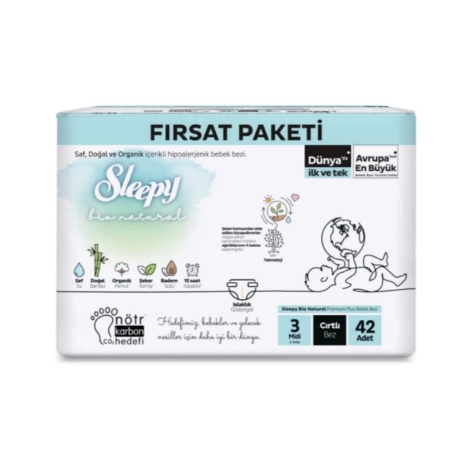 Sleepy Bio Natural Fırsat Paketi Cırtlı Bebek Bezi 3 (Midi) Beden-42 Adet