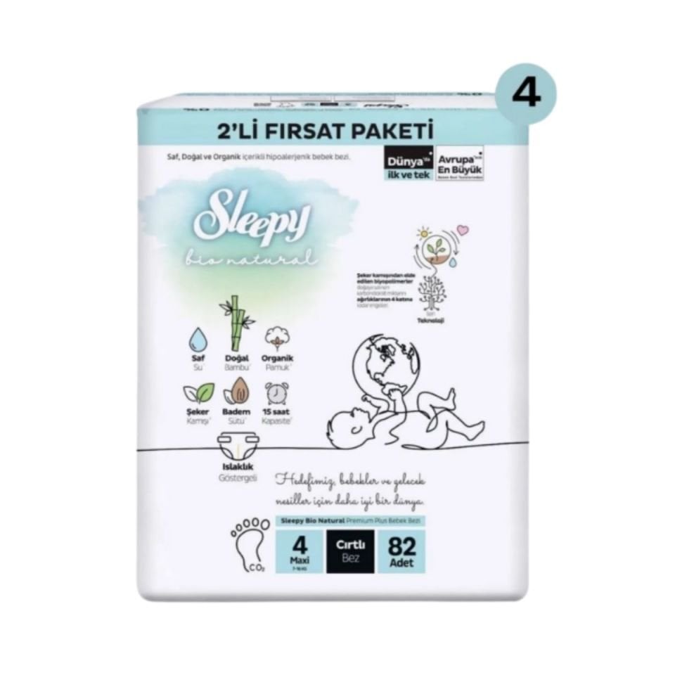 Sleepy 4 Bio Natural 2'Li Fırsat Paketi Cırtlı Bebek Bezi (Maxi) Beden-82 Adet
