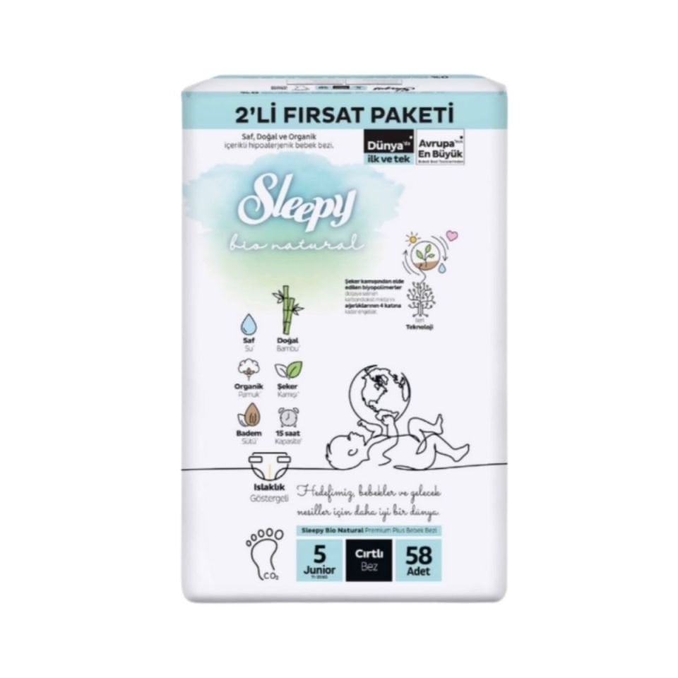 Sleepy Bio Natural 2'Li Fırsat Paketi Cırtlı Bebek Bezi 5 (Junıor) Beden-58 Adet