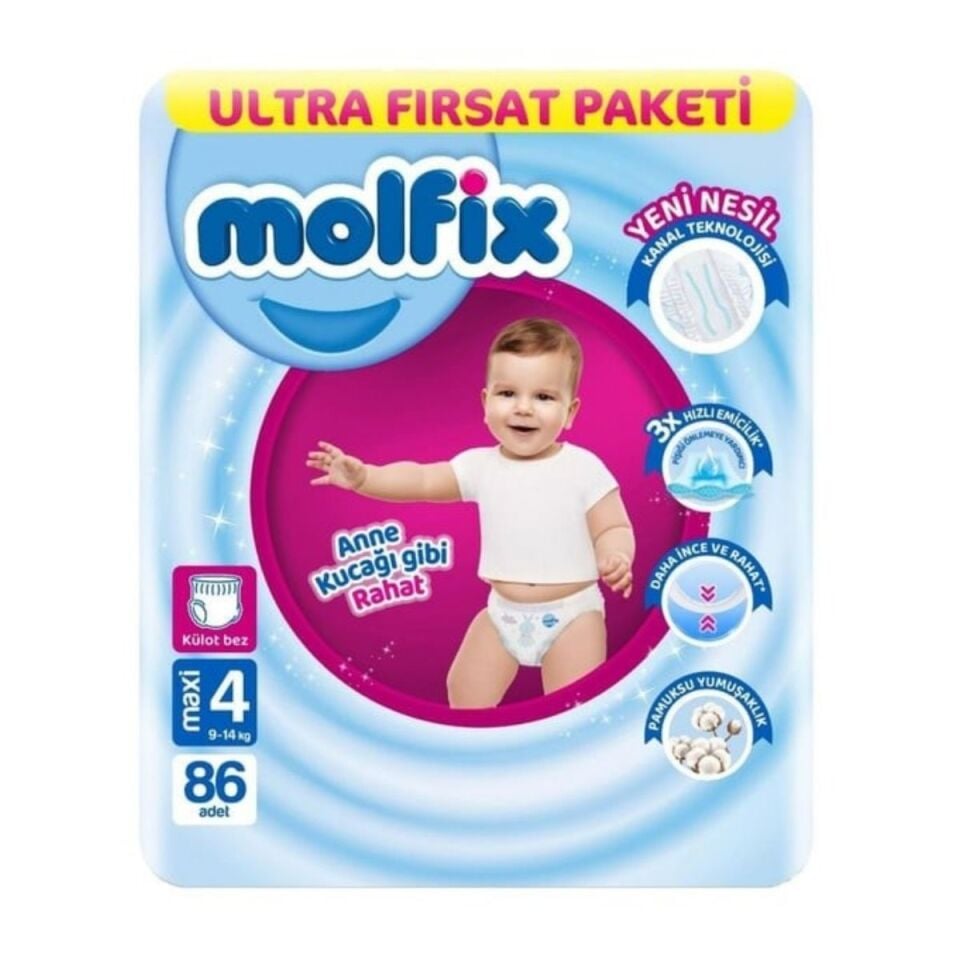 Molfıx 4 (Maxi) Beden-86 Adet Ultra Fırsat Paketi Külot Bebek Bezi
