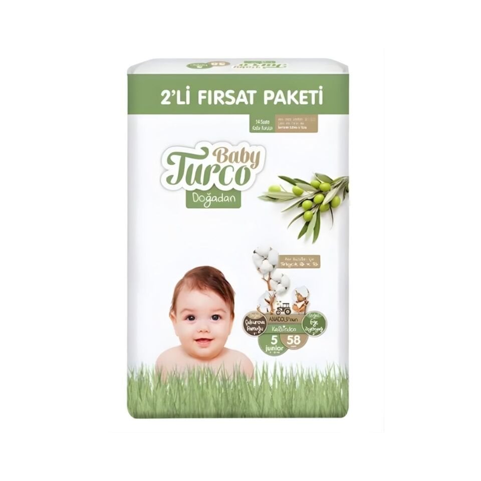 Baby Turco 5 Doğadan 2'li Fırsat Paketi Cırtlı Bebek Bezi 58 Adet