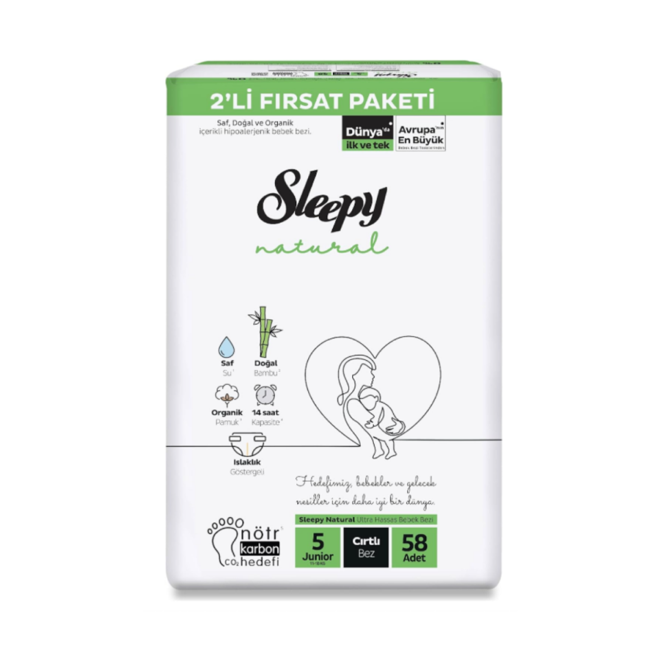 Sleepy 5 Natural 2'li Fırsat Cırtlı Bebek Bezi (Junior) Beden-58 Adet
