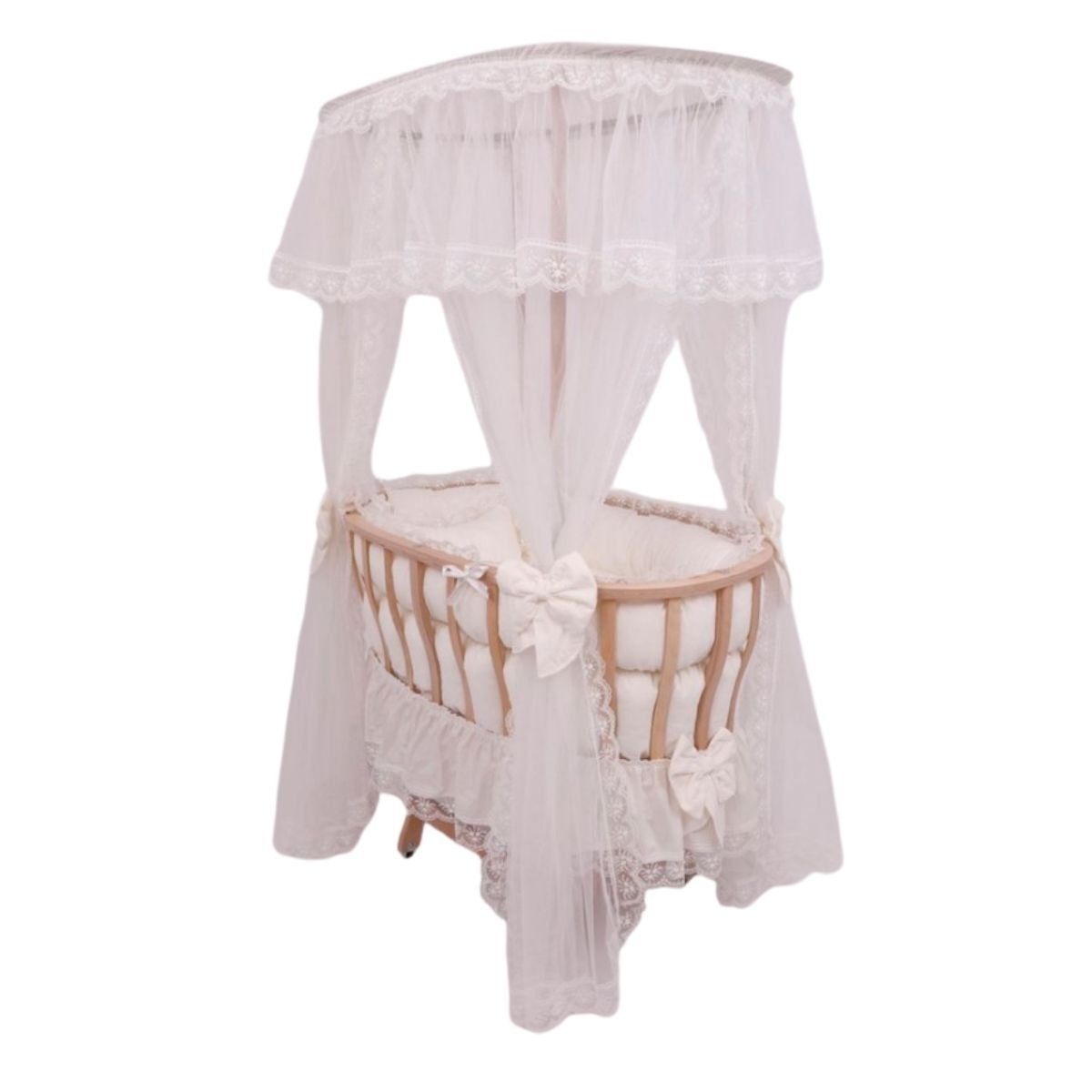 CDS-75 Bebekonfor Krem Fransız Dantel Uyku Set Doğal Ahşap Çatılı Sepet Beşik