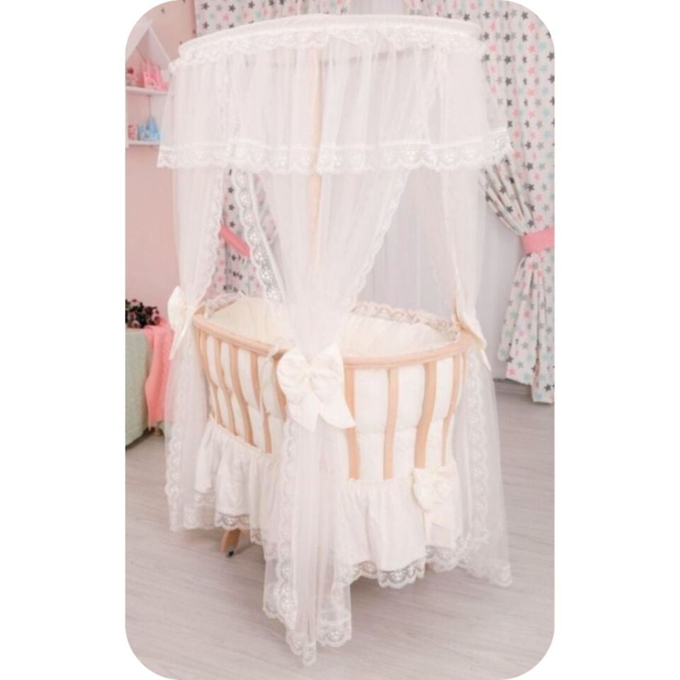 CDS-75 Bebekonfor Krem Fransız Dantel Uyku Set Doğal Ahşap Çatılı Sepet Beşik