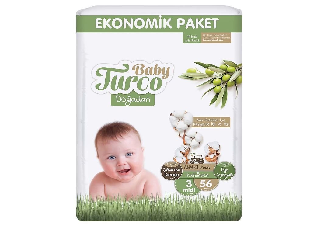 BabyTurco Doğadan Ekonomik Cırtlı Bebek Bezi 3 (Midi) Beden-56 Adet