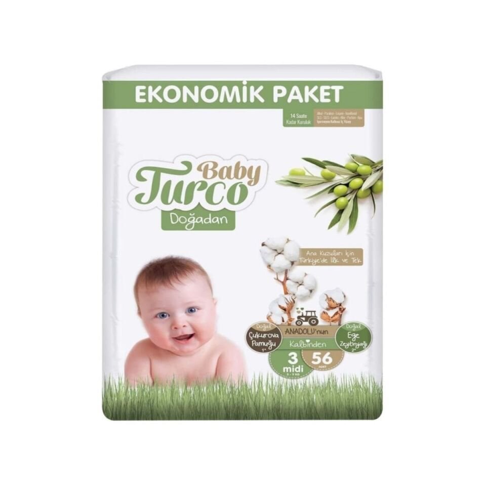 Baby Turco Doğadan Ekonomik Cırtlı Bebek Bezi 3 (Midi) Beden-56 Adet