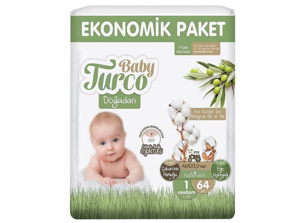 BabyTurco Doğadan Ekonomik Cırtlı Bebek Bezi 1 (Yenidoğan) Beden-64 Adet