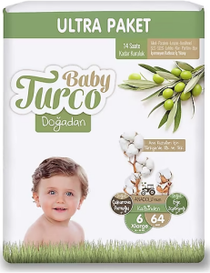 BabyTurco Doğadan Ultra Paket Cırtlı Bebek Bezi 6 (XL) Beden-64 Adet