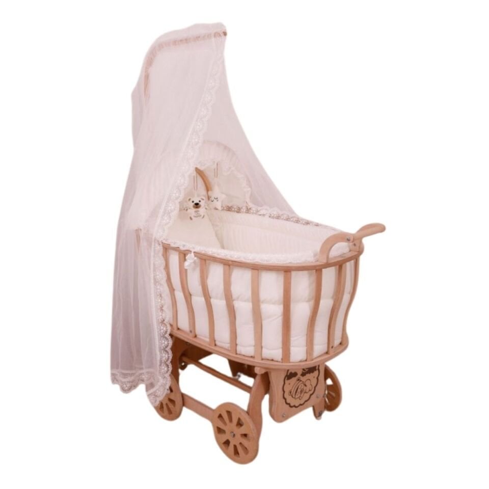 Doğal Rubio Sepet Beşik  Krem Fransız Dantel Uyku Setli Beşik DRU-01
