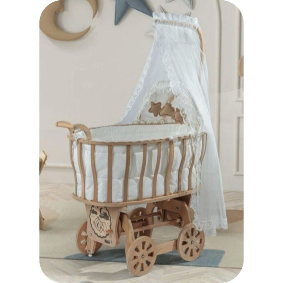 Doğal Rubio Sepet Beşik  Krem Fransız Dantel Uyku Setli Beşik DRU-01