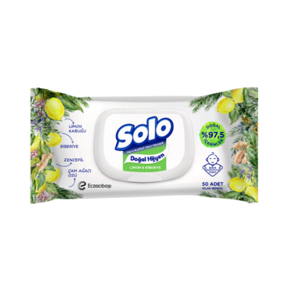 Solo Doğal Hijyen Limon ve Biberiye Islak Mendil 50'li