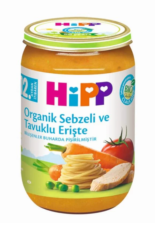 HİPP Organik Sebze Püresi 220 gr Sebzeli ve Tavuklu Erişte Kavanoz Maması