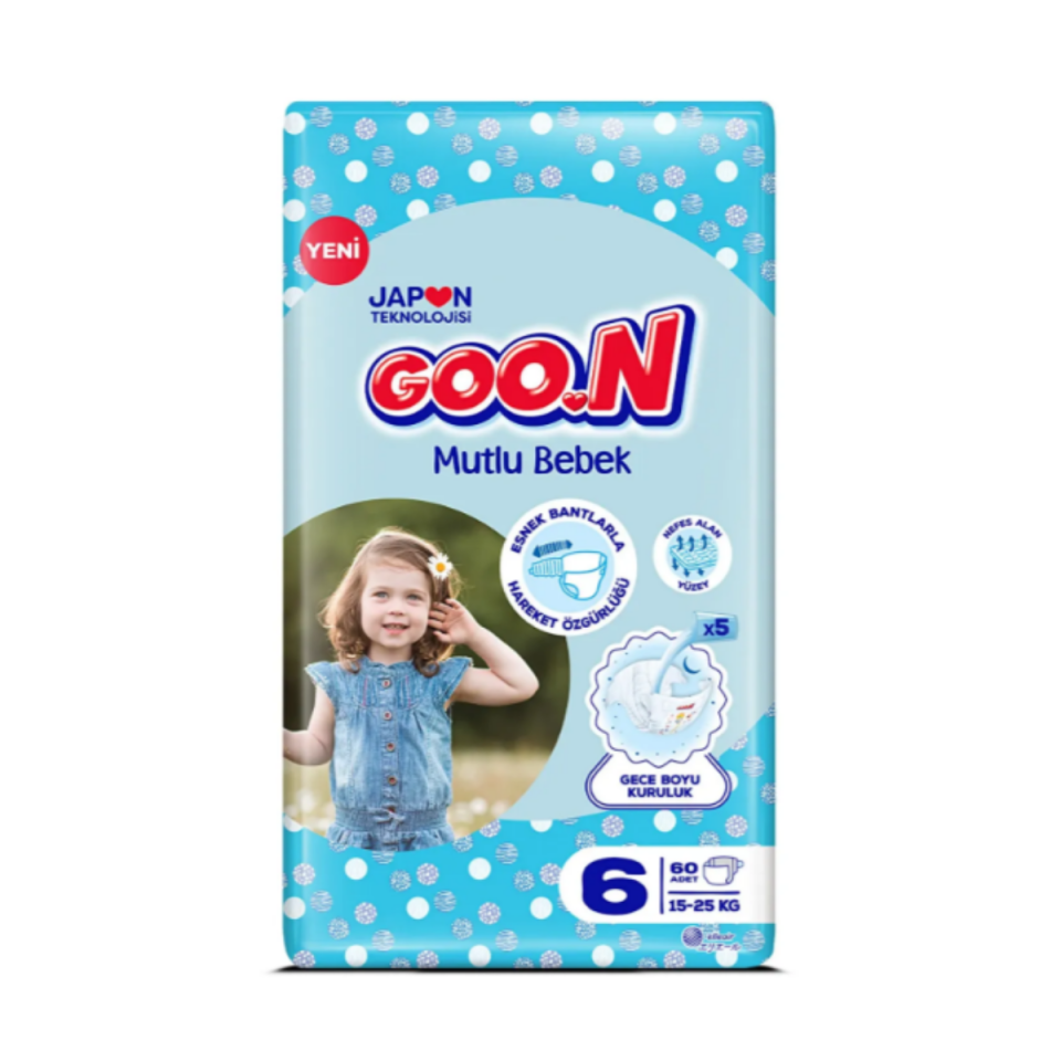 Goon Mutlu Bebek Aylık Fırsat Paketi Cırtlı Bebek Bezi 6 (XL) Beden-60 Adet