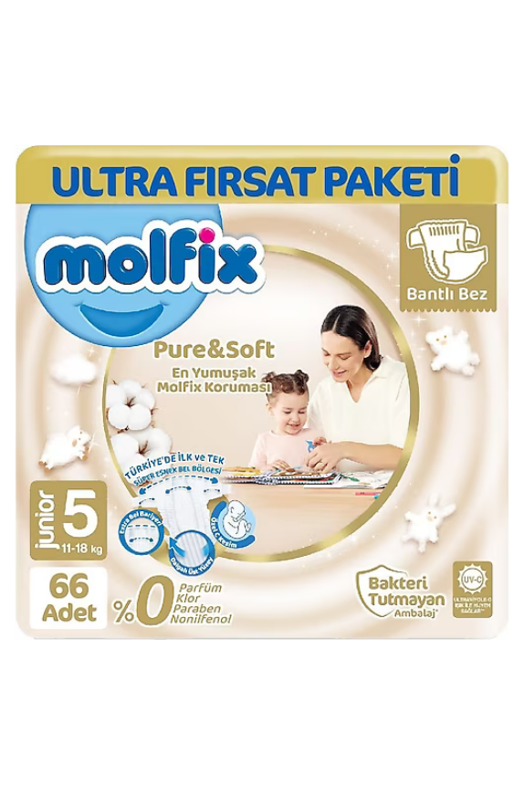 Molfix Ultra Avantaj Pure Soft Cırlı Bebek Bezi 5 junior 66 adet