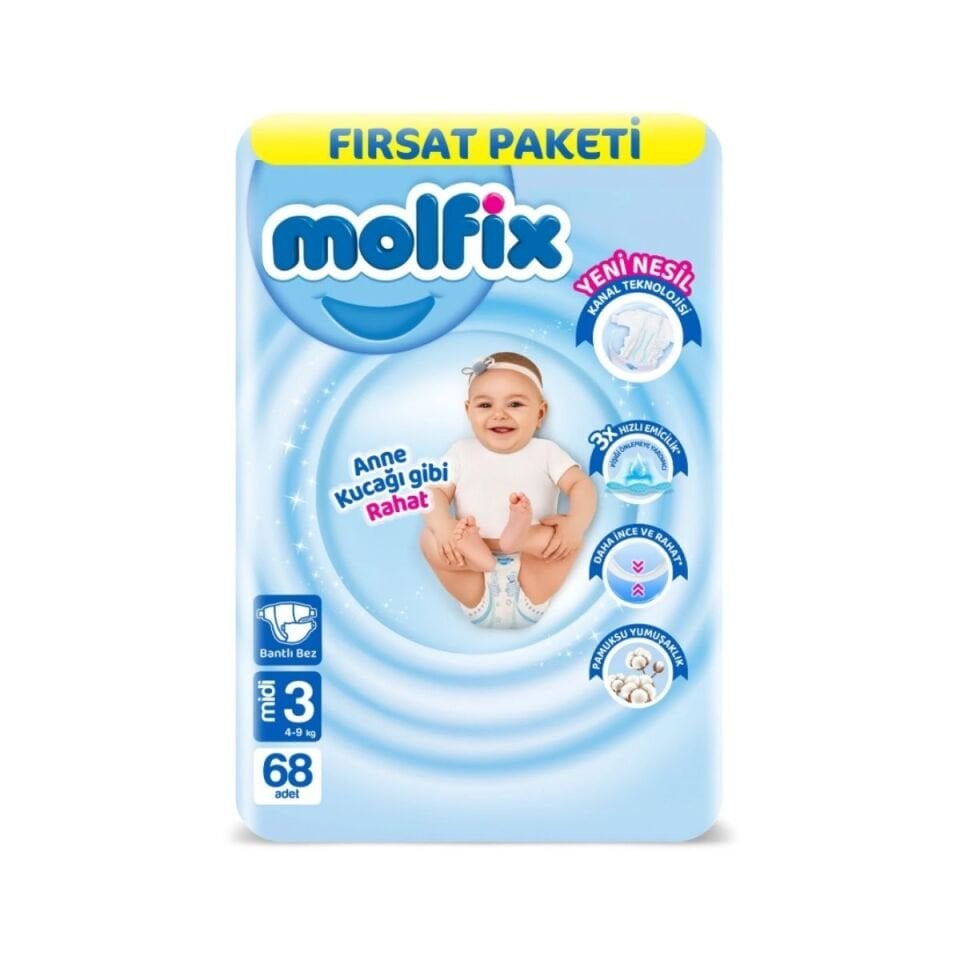 Molfix 3 Fırsat Paketi Cırtlı Bebek Bezi Midi 68 adet
