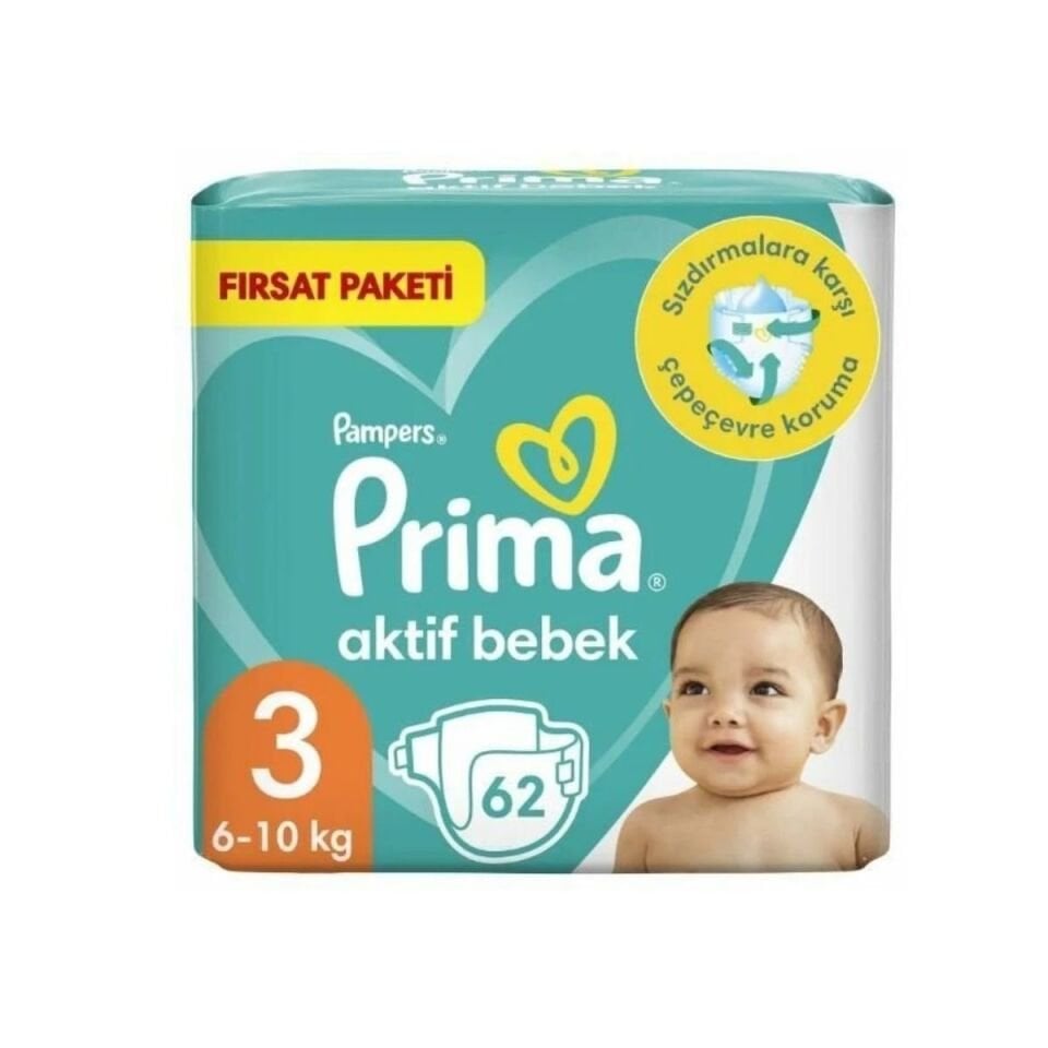 Prima Aktif Bebek 3 Numara 62 Adet Fırsat Paketi Cırtlı Bebek Bezi