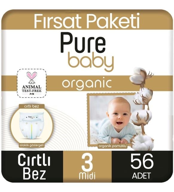 Pure Baby Organik Cırtlı Bebek Bezi 3 (Midi) Beden-56 Adet