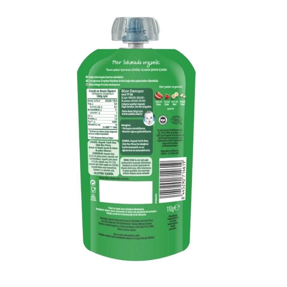 Gerber Organik Yulaflı Elmalı ve Çilekli Muz Püresi