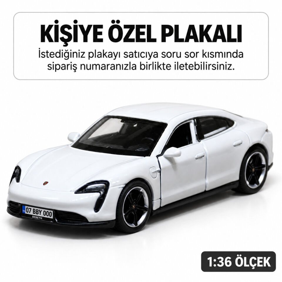 Porsche Taycan 1:36 Metal Araba - Kişiye Özel Plakalı Beyaz