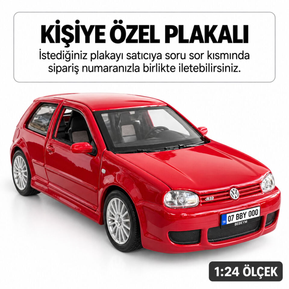 Golf 4 Metal Araba 1:24 Ölçek - Kişiye Özel Plakalı - Kırmızı