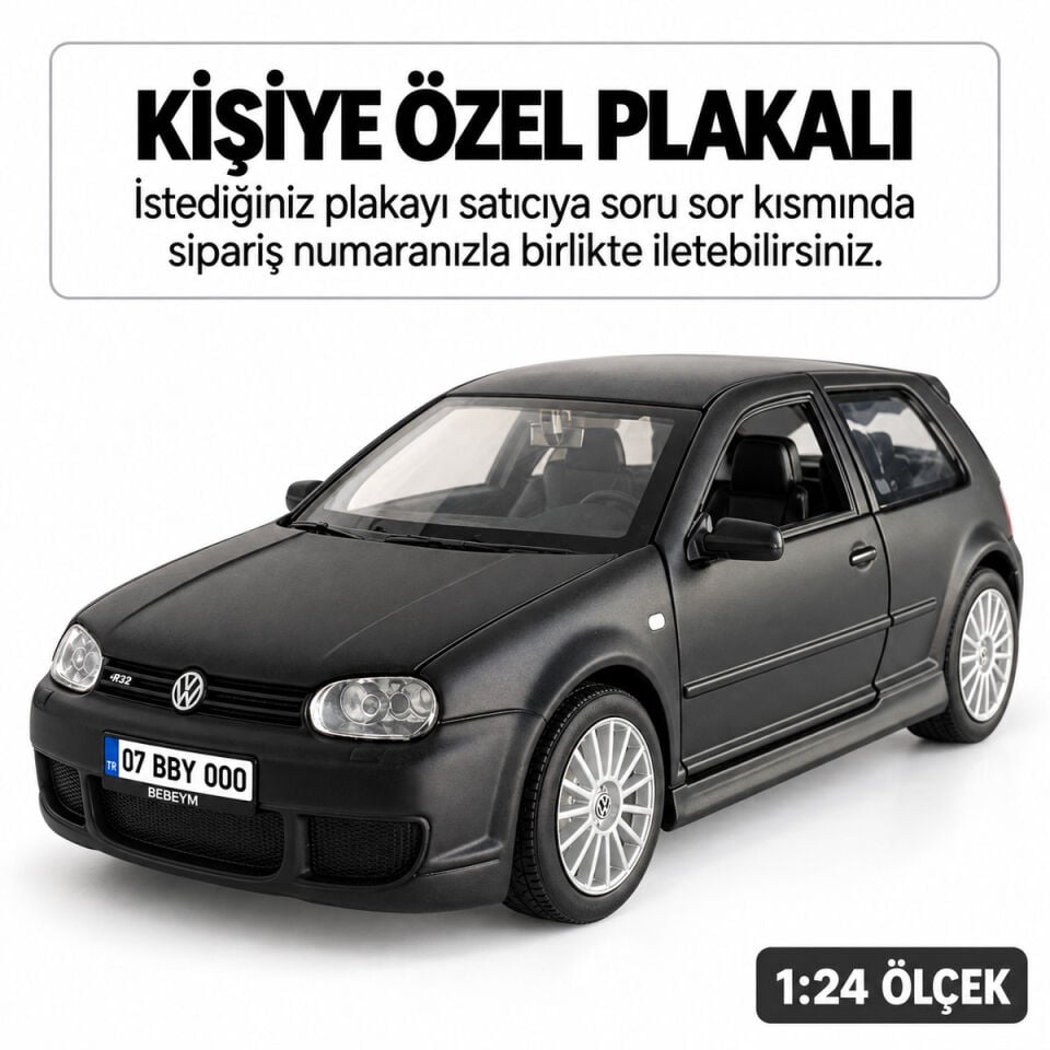 Golf 4 R32 Metal Araba 1:24 Ölçek - Siyah - Kişiye Özel Plakalı