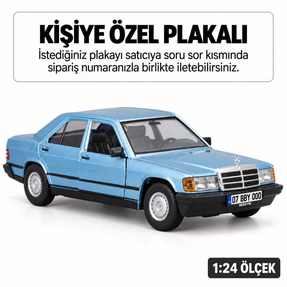 Mercedes-Benz 190 E 2.6 Metal Araba - Mavi - Kişiye Özel Plakalı 1:24 Ölçek